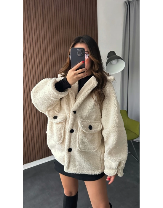 Krem Yumoş Peluş Oversize Kaban