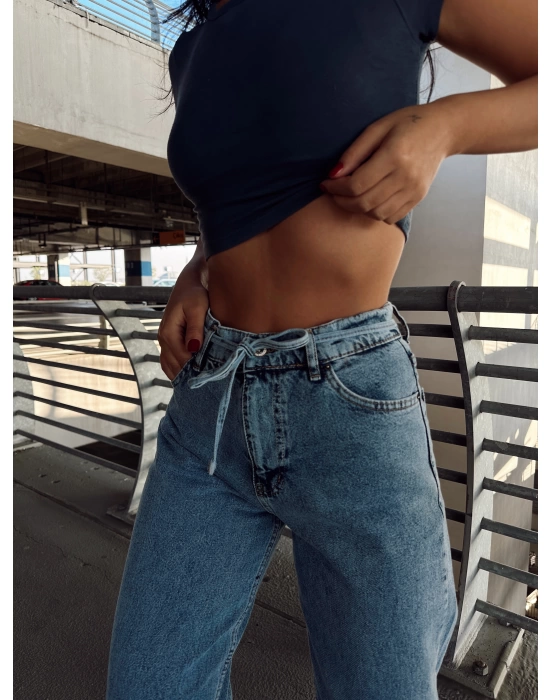 Lacivert İp Kemerli Straight Fit Jean