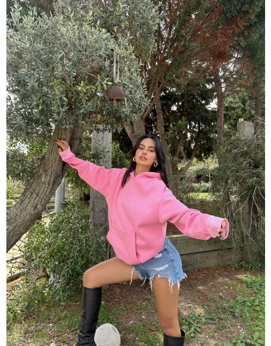 Pembe Şardonlu Hoodie Sweatshirt