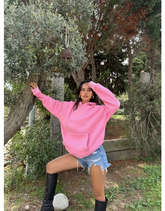 Pembe Şardonlu Hoodie Sweatshirt