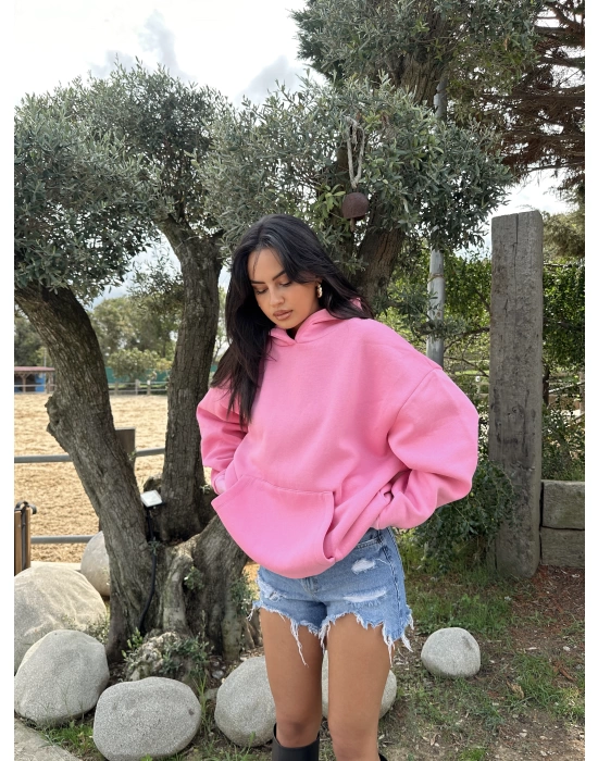 Pembe Şardonlu Hoodie Sweatshirt