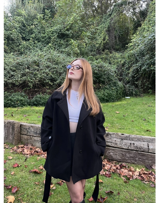 Siyah Emma Kuşaklı Kaşe Kaban