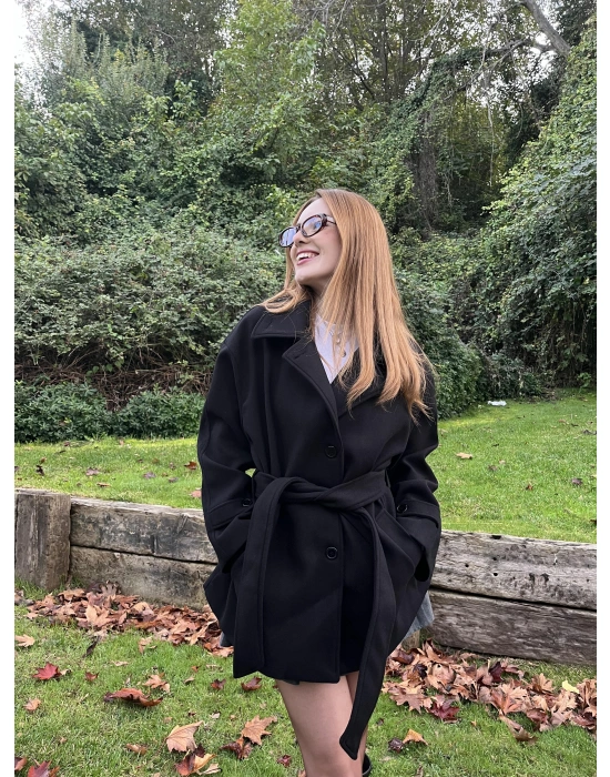 Siyah Emma Kuşaklı Kaşe Kaban