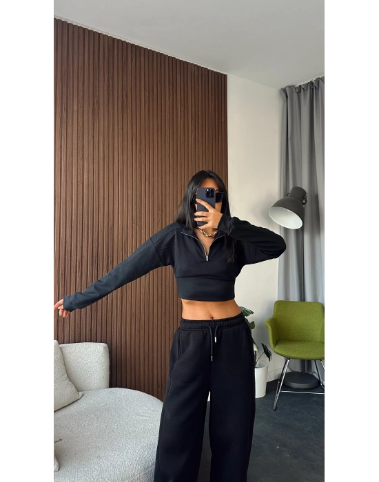 Siyah Fermuar Yakalı Modal Kumaş Crop Sweatshirt