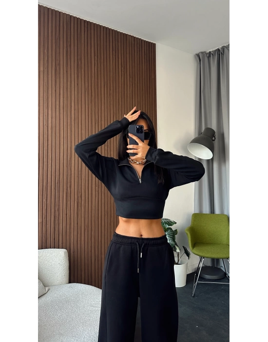 Siyah Fermuar Yakalı Modal Kumaş Crop Sweatshirt