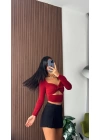 Bordo Düğüm Detaylı Cut Out Bluz