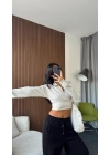 Ekru Fermuar Yakalı Modal Kumaş Crop Sweatshirt