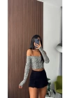 Noktalı Leopar Desen Drape Yaka Madonna Crop Bluz