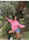 Pembe Şardonlu Hoodie Sweatshirt