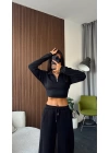 Siyah Fermuar Yakalı Modal Kumaş Crop Sweatshirt