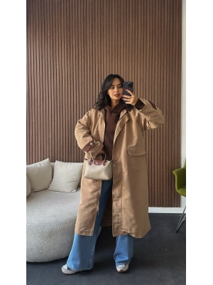 Bej Kadife Yaka ve Manşet Detaylı Viral Trençkot