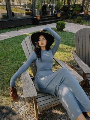 Gri Maxi Vücudu Saran Basic Elbise