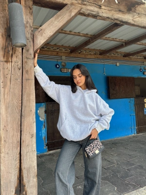 Gri Şardonlu Hoodie Sweatshirt