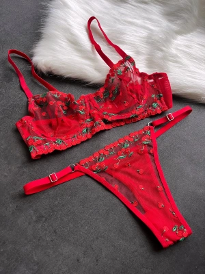 Kırmızı Cherry Balenli Sütyen Külot Takımı