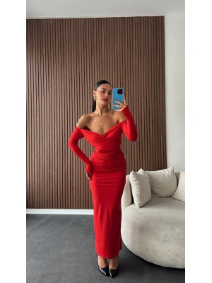Kırmızı Kayık Yakalı Kruvaze Uzun Elbise