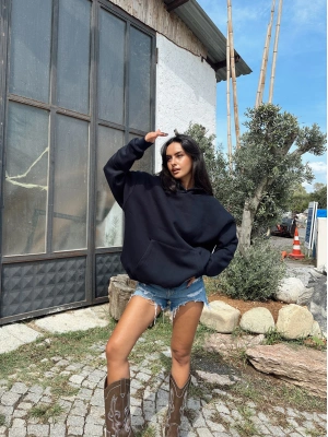 Lacivert Şardonlu Hoodie Sweatshirt