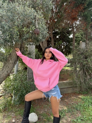 Pembe Şardonlu Hoodie Sweatshirt