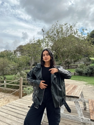 Siyah Oversize Biker Deri Ceket