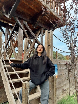 Siyah Şardonlu Hoodie Sweatshirt