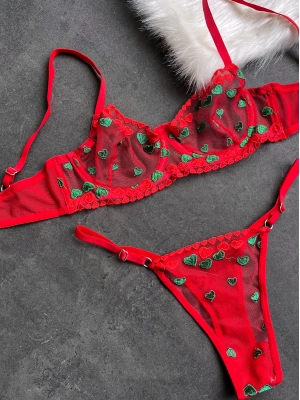 Yeşil Kırmızı Serena Balenli Sütyen Külot Takımı