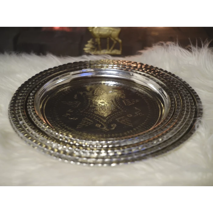 BAKIR TEPSİ YUVARLAK DESENLİ GÜMÜŞ RENK 37CM