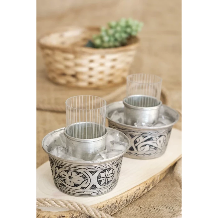 BAKIR EHLİKEYF OYMA NAKIŞ İŞLEMELİ GÜMÜŞ RENK 2li (KALAYLI)