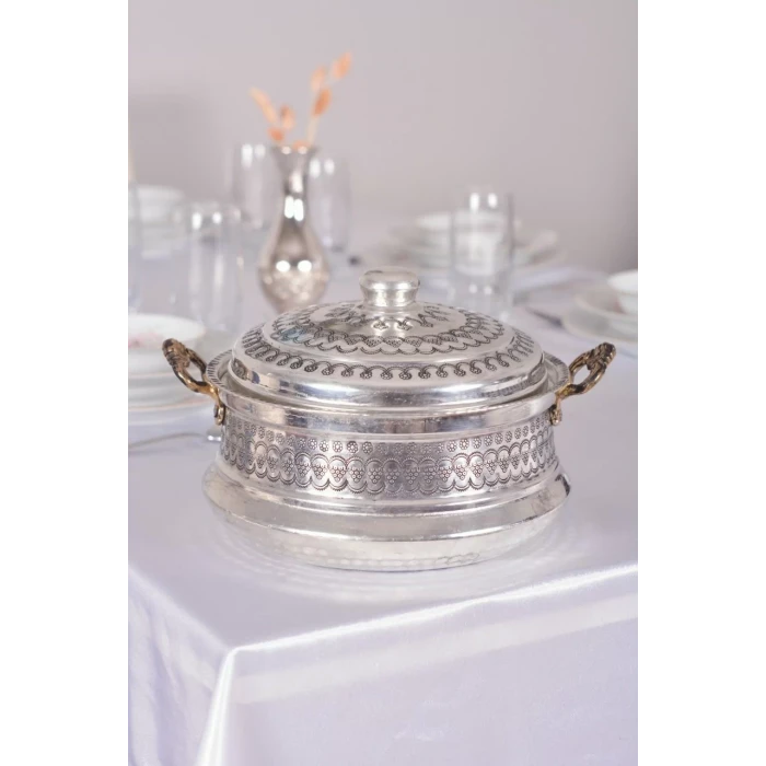 BAKIR TENCERE MARDİN İŞLEMELİ MODEL (5 LİTRE) GÜMÜŞ RENK