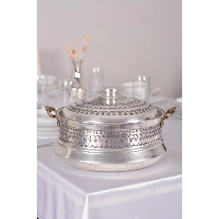 BAKIR TENCERE MARDİN İŞLEMELİ MODEL (8 LİTRE) GÜMÜŞ RENK