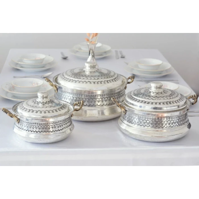 BAKIR TENCERE SETİ MARDİN İŞLEMELİ MODEL GÜMÜŞ RENK(KALAYLI)