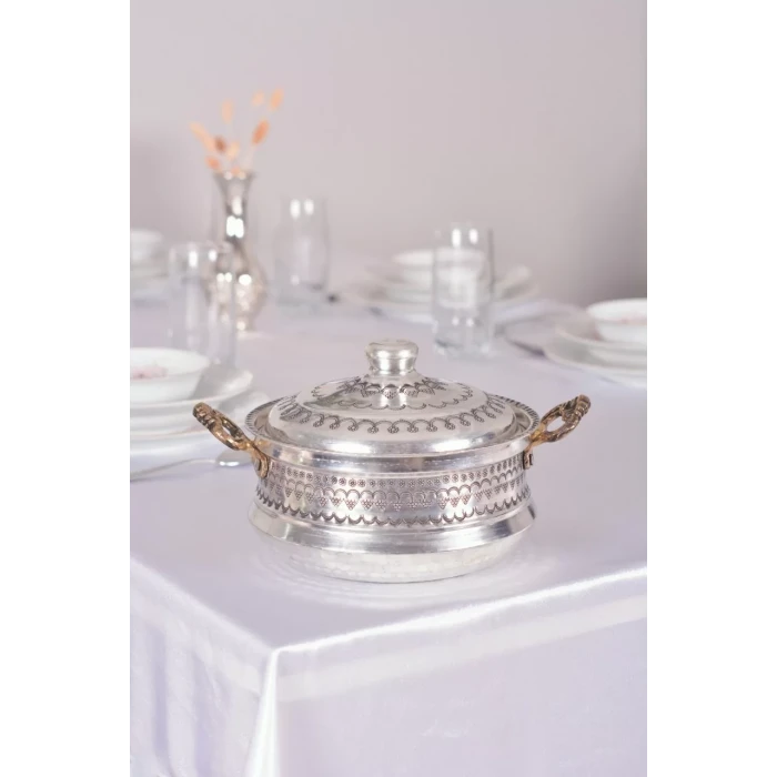 BAKIR TENCERE SETİ MARDİN İŞLEMELİ MODEL GÜMÜŞ RENK(KALAYLI)