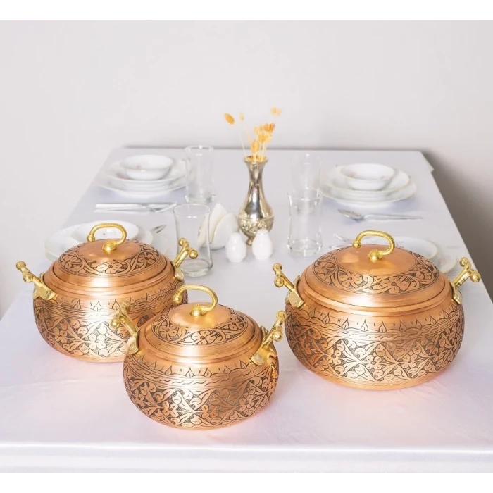BAKIR TENCERE SETİ AĞIR İŞLEMELİ TOMBUL MODEL MAT BAKIR RENK