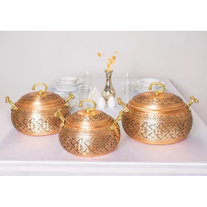 BAKIR TENCERE SETİ AĞIR İŞLEMELİ TOMBUL MODEL MAT BAKIR RENK