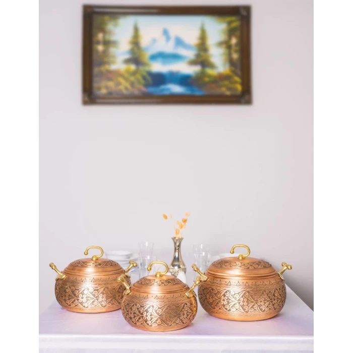 BAKIR TENCERE SETİ AĞIR İŞLEMELİ TOMBUL MODEL MAT BAKIR RENK