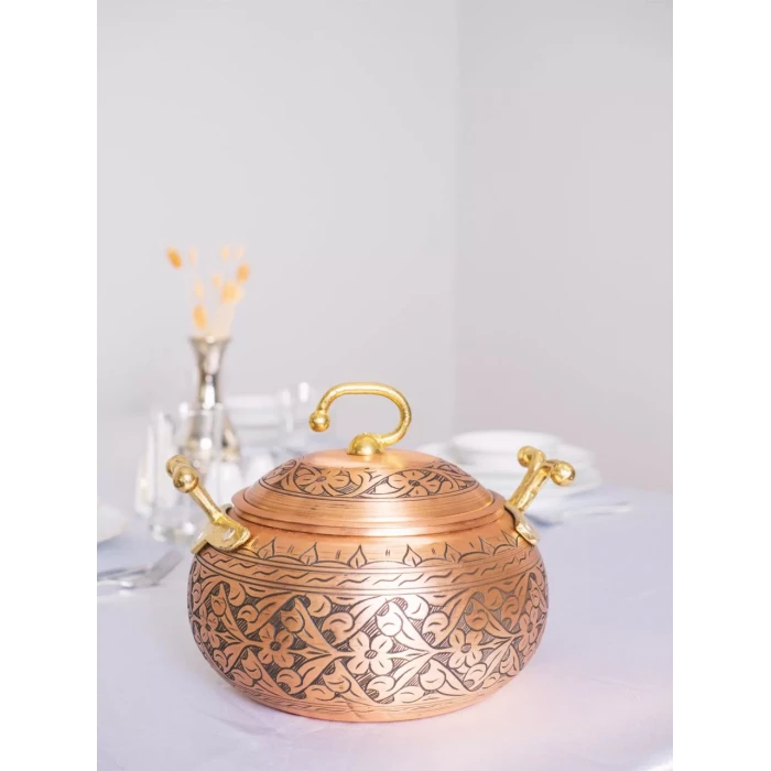 BAKIR TENCERE SETİ AĞIR İŞLEMELİ TOMBUL MODEL MAT BAKIR RENK