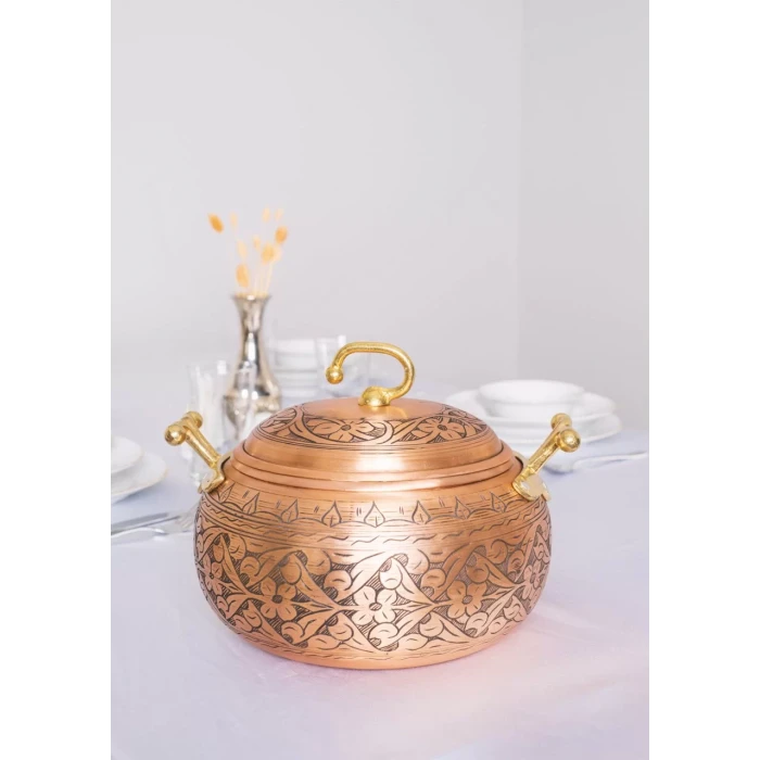 BAKIR TENCERE SETİ AĞIR İŞLEMELİ TOMBUL MODEL MAT BAKIR RENK