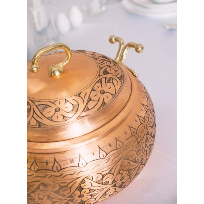 BAKIR TENCERE SETİ AĞIR İŞLEMELİ TOMBUL MODEL MAT BAKIR RENK