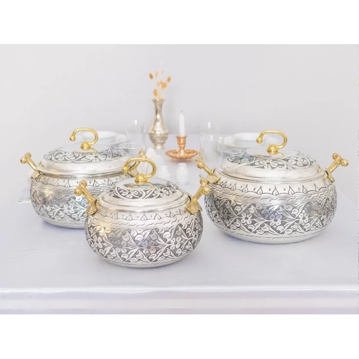 BAKIR TENCERE SETİ AĞIR İŞLEMELİ TOMBUL MODEL GÜMÜŞ RENK (KALAYLI)