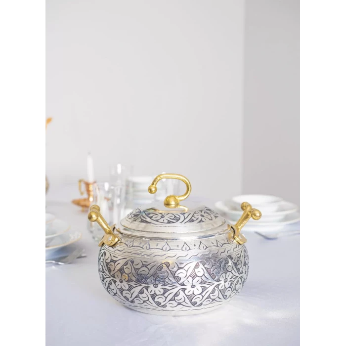 BAKIR TENCERE SETİ AĞIR İŞLEMELİ TOMBUL MODEL GÜMÜŞ RENK (KALAYLI)