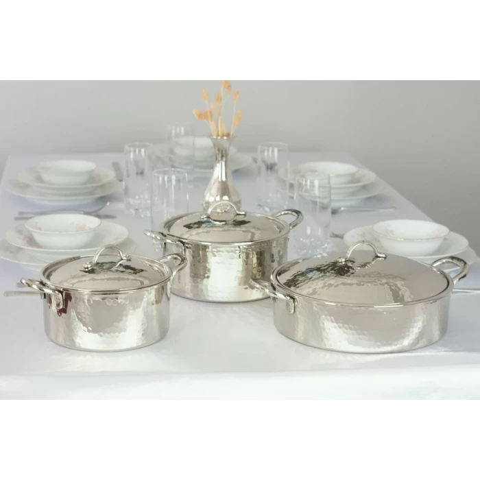 BAKIR TENCERE SETİ MODERN TASARIM GÜMÜŞ RENK