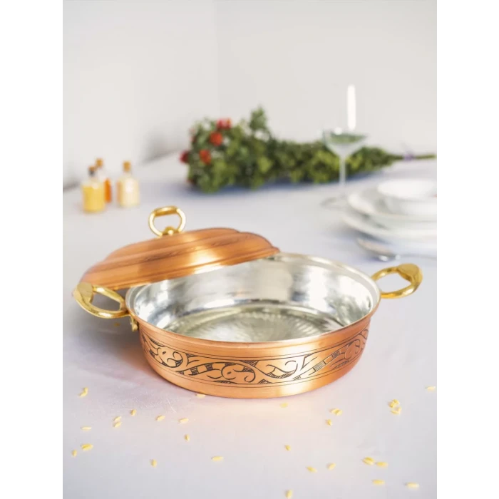 BAKIR PİLAV TENCERESİ OYMA NAKIŞ İŞLEME MAT BAKIR RENK 23 CM