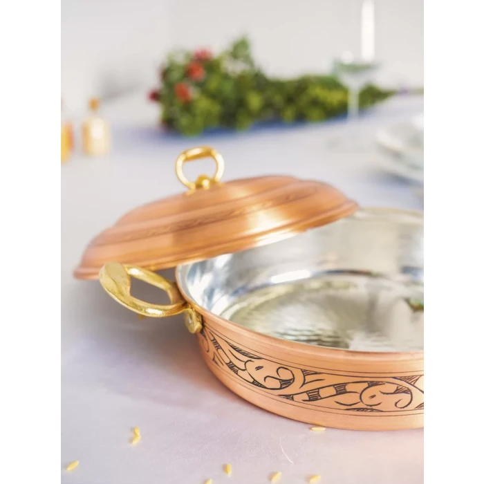 BAKIR PİLAV TENCERESİ OYMA NAKIŞ İŞLEME MAT BAKIR RENK 23 CM