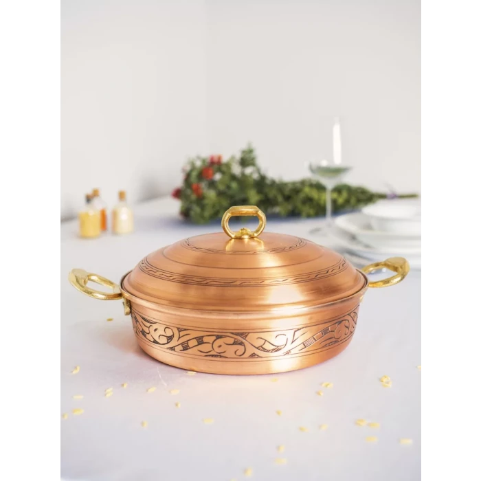 BAKIR PİLAV TENCERESİ OYMA NAKIŞ İŞLEME MAT BAKIR RENK 27 CM