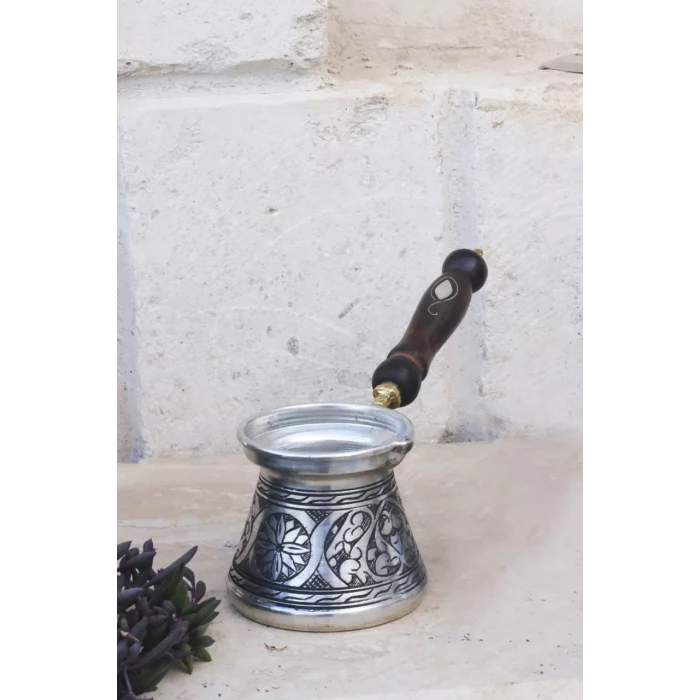 BAKIR CEZVE SEDEF KULPLU OYMA NAKIŞ İŞLEME GÜMÜŞ RENK (3 KİŞİLİK)