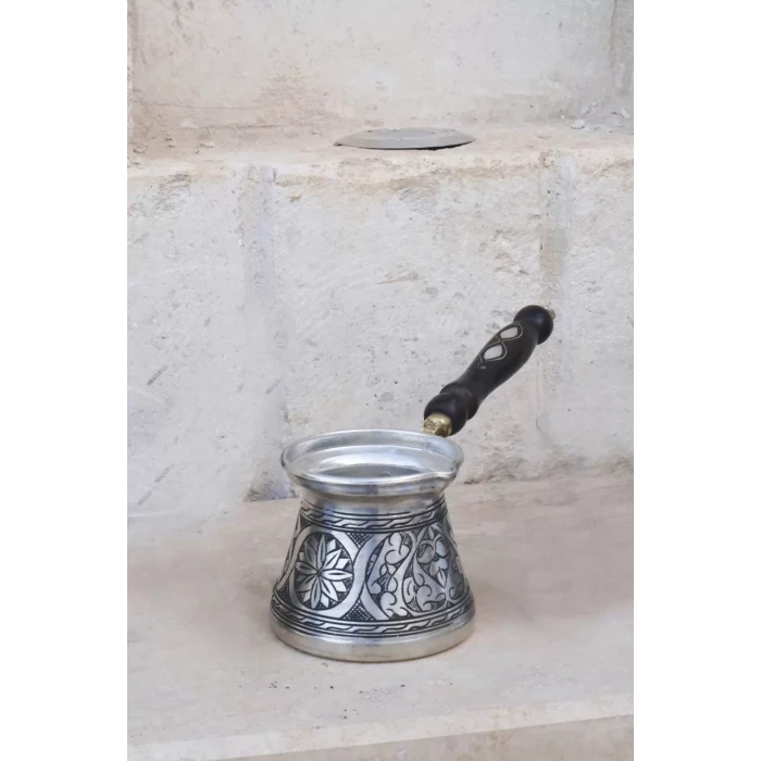 BAKIR CEZVE SEDEF KULPLU OYMA NAKIŞ İŞLEME GÜMÜŞ RENK (5 KİŞİLİK)