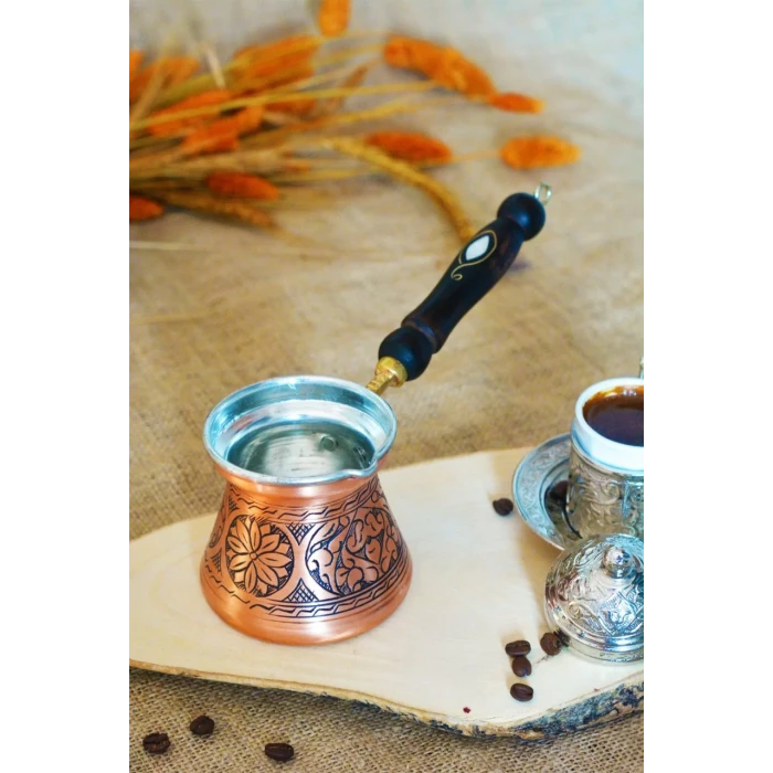 BAKIR CEZVE SEDEF KULPLU OYMA NAKIŞ İŞLEME BAKIR RENK (3 KİŞİLİK)