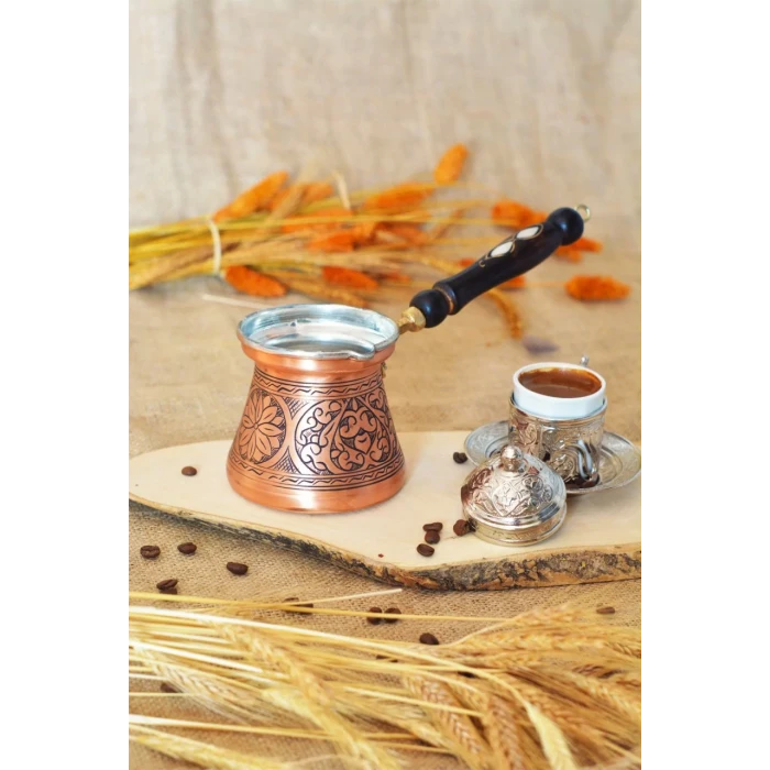 BAKIR CEZVE SEDEF KULPLU OYMA NAKIŞ İŞLEME BAKIR RENK (5 KİŞİLİK)
