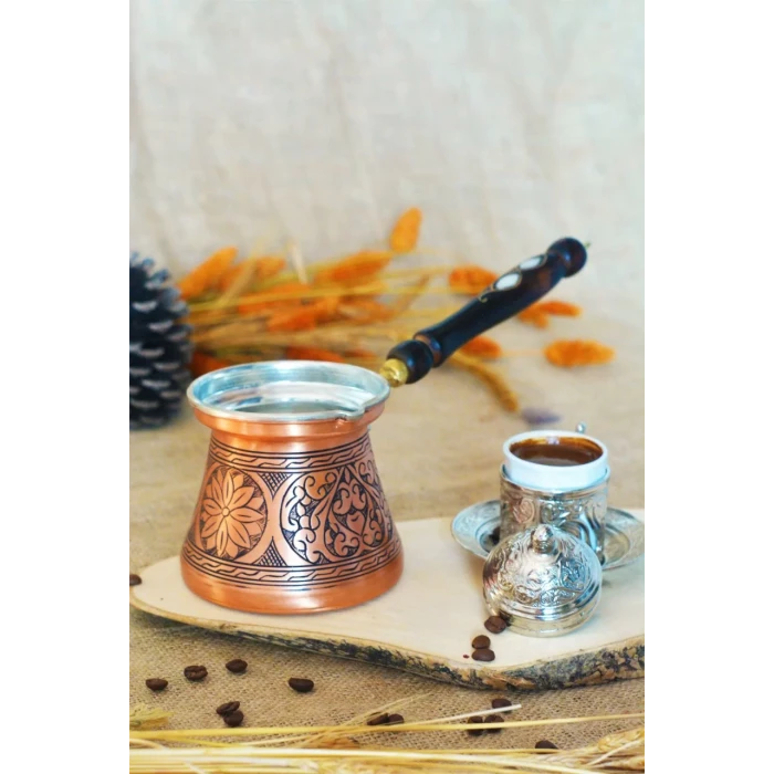 BAKIR CEZVE SEDEF KULPLU OYMA NAKIŞ İŞLEME BAKIR RENK (7 KİŞİLİK)