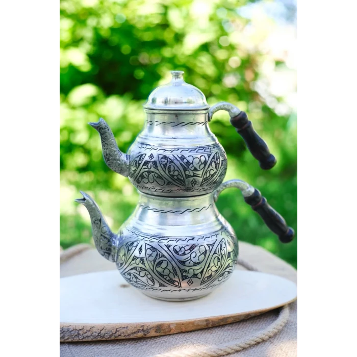 BAKIR ÇAYDANLIK OYMA NAKIŞ İŞLEMELİ GÜMÜŞ RENK (KALAYLI)