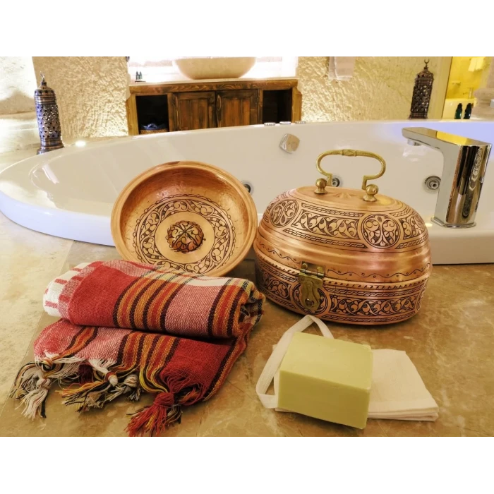 BAKIR HAMAM SETİ OYMA NAKIŞ İŞLEME MAT BAKIR RENK