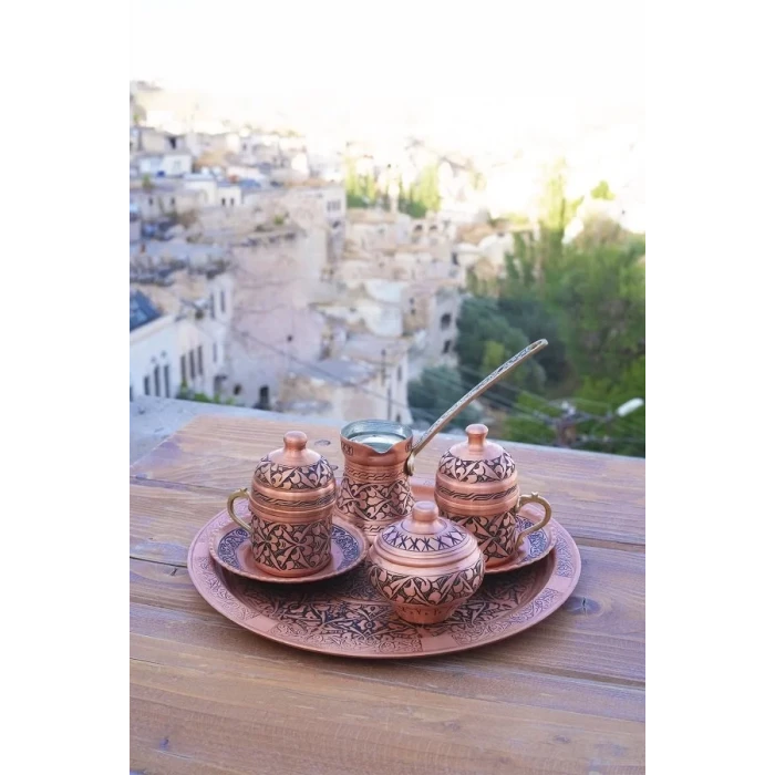 BAKIR KAHVE SETİ OYMA NAKIŞ İŞLEME BAKIR RENK